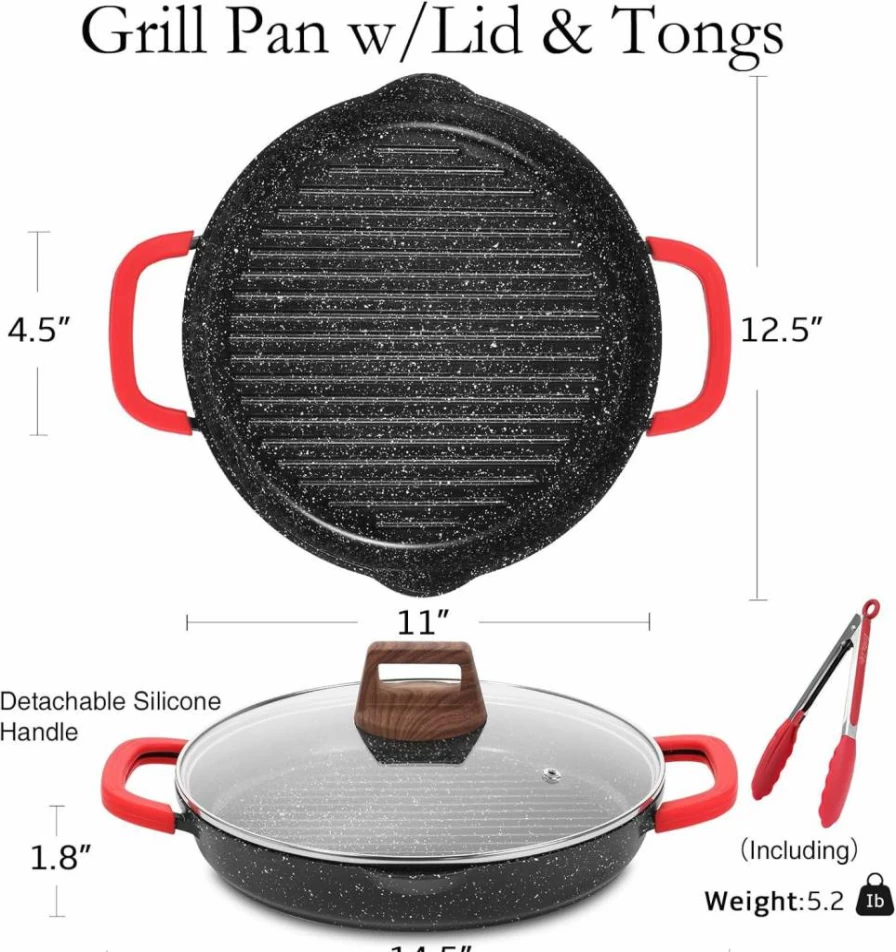 ESLITE LIFE 11 Inch Square Nonstick Grill Pan with Lid - PTFE & PFOA Free, Induction Compatible Skillet for Stovetop, Indoor Grilling, Steak, Black