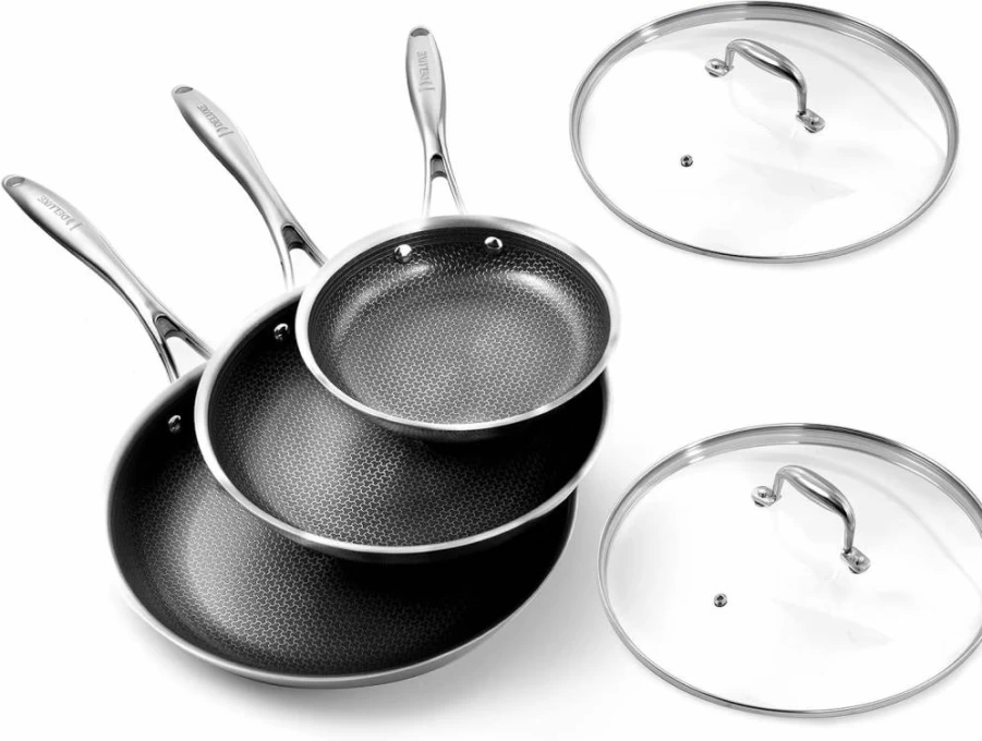 DELUXE 5-Piece Hybrid Ceramic Nonstick Fry Pan Set (8/10/12 Inch) with Tempered Glass Lids, Stay-Cool Handles, Dishwasher Safe & Induction/Gas/Electric Stovetop Compatible