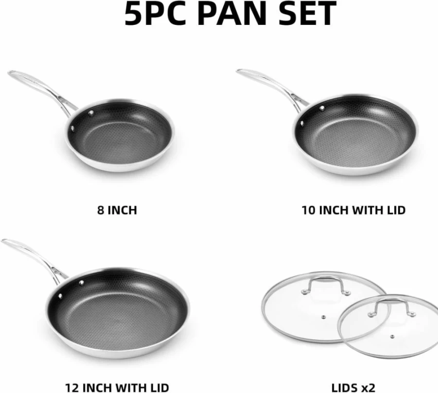 DELUXE 5-Piece Hybrid Ceramic Nonstick Fry Pan Set (8/10/12 Inch) with Tempered Glass Lids, Stay-Cool Handles, Dishwasher Safe & Induction/Gas/Electric Stovetop Compatible