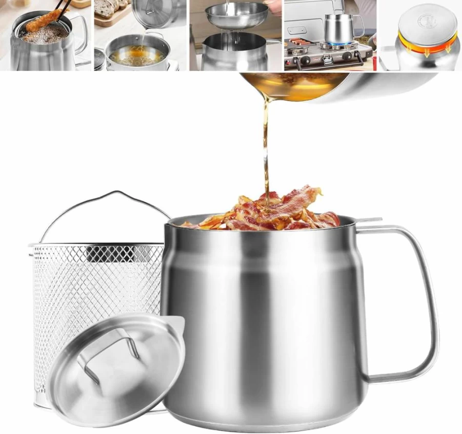 Bakpoco 2L Stainless Steel Oil Filter Pot with Strainer & Fry Basket - Triply Base for All Stoves, Bacon Grease Container, Lard Saver, Pasta & Vegetable Cooker
