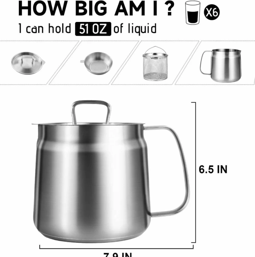 Bakpoco 2L Stainless Steel Oil Filter Pot with Strainer & Fry Basket - Triply Base for All Stoves, Bacon Grease Container, Lard Saver, Pasta & Vegetable Cooker