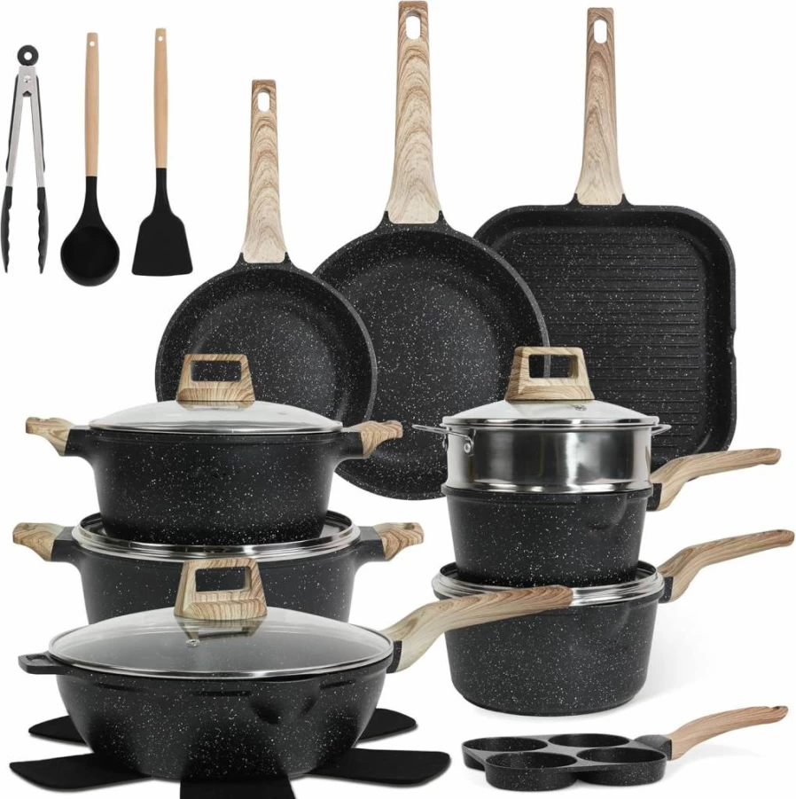 Cuisinluv 23-Piece Non-Stick Granite Stone Cookware Set - Induction Compatible Pots & Pans, Frying Pans, Saucepans, Saute Pan, Griddle & Egg Pan in Cream White