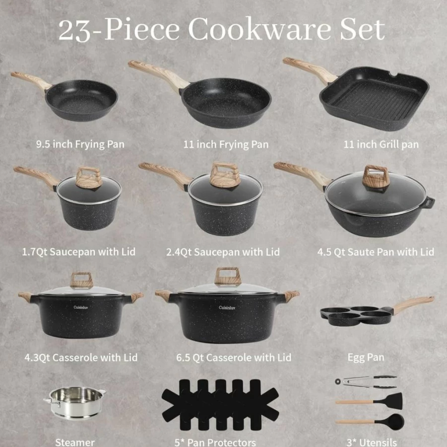 Cuisinluv 23-Piece Non-Stick Granite Stone Cookware Set - Induction Compatible Pots & Pans, Frying Pans, Saucepans, Saute Pan, Griddle & Egg Pan in Cream White