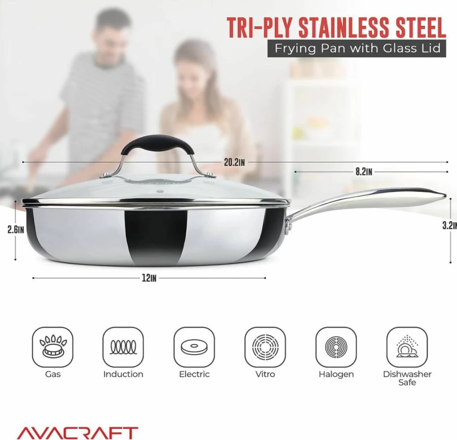 AVACRAFT 8 Inch Tri-Ply Stainless Steel Fry Pan with Lid - Induction Compatible, Spill-Resistant Spouts, Oven Safe Skillet for Even Heat Distribution