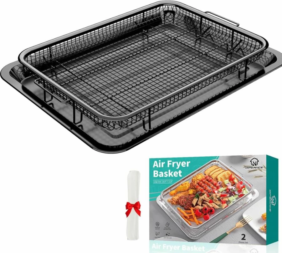OPENICE 2-Piece Non-Stick Air Fryer Basket Set - Oven Safe Crisper Tray & Baking Pan for Healthy Cooking, Dishwasher Safe & BPA Free - Black