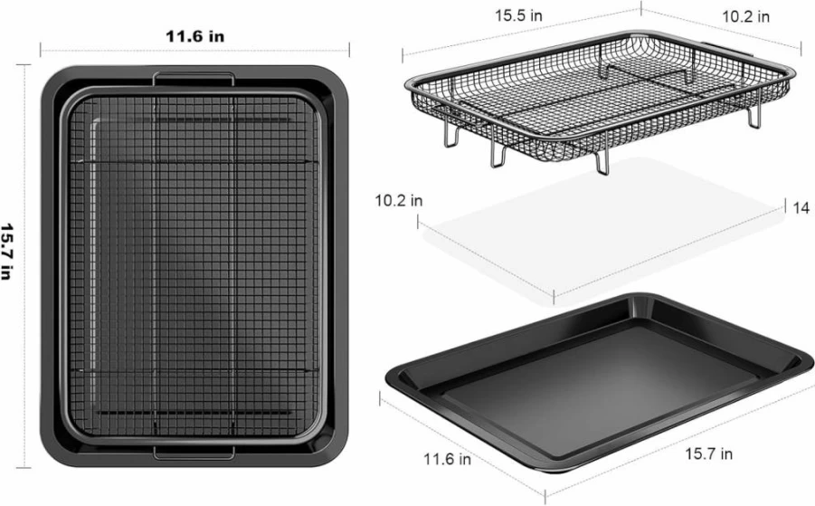 OPENICE 2-Piece Non-Stick Air Fryer Basket Set - Oven Safe Crisper Tray & Baking Pan for Healthy Cooking, Dishwasher Safe & BPA Free - Black