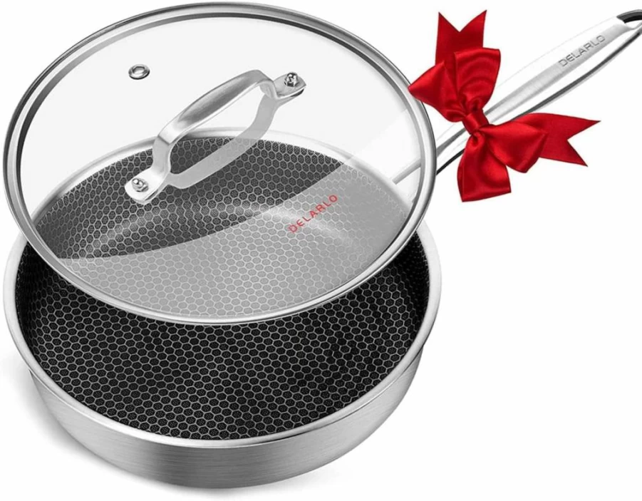 DELARLO 12 Inch Tri-Ply Stainless Steel Saute Pan with Lid - 6 Quart Deep Frying Pan, Induction Compatible, Oven & Dishwasher Safe - Professional Chef Cooking Pan