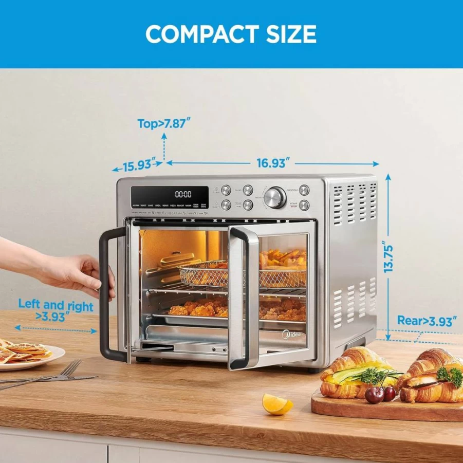 Midea 26.4 Qt Flexify 10-in-1 French Door Toaster Oven Air Fryer Combo, Stainless Steel Countertop Oven, 25% Faster Cooking with 90% Less Oil