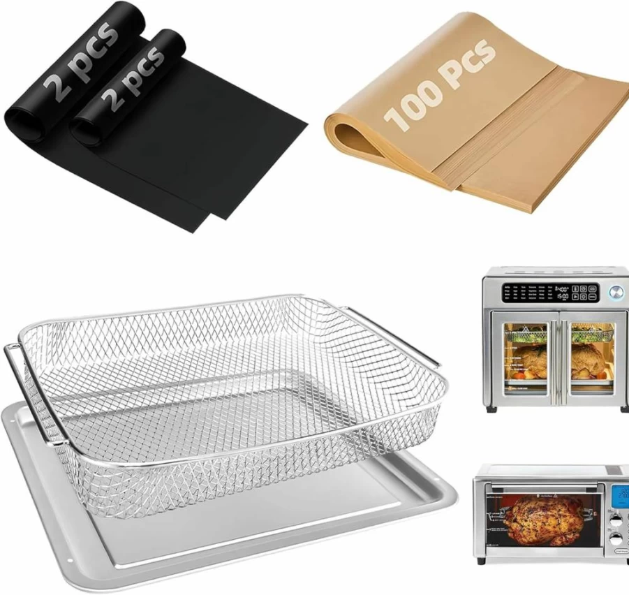 AODPWEN Air Fryer Accessories Set - 4Pcs Non-Stick Basket & Pans + 100Pcs Parchment Paper, Compatible with Emeril Lagasse 26QT & Everyday 360 Ovens, Reusable Teflon Mats for Healthy Cooking