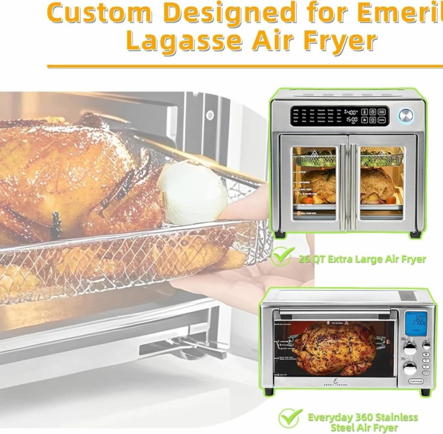 AODPWEN Air Fryer Accessories Set - 4Pcs Non-Stick Basket & Pans + 100Pcs Parchment Paper, Compatible with Emeril Lagasse 26QT & Everyday 360 Ovens, Reusable Teflon Mats for Healthy Cooking