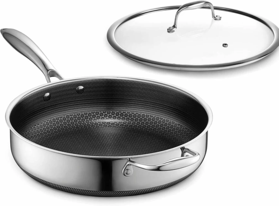 HexClad Hybrid Nonstick 4.5-Quart Deep Saute Pan with Glass Lid, Stay-Cool Handle, Dishwasher & Oven Safe to 900°F, Induction Compatible for All Cooktops