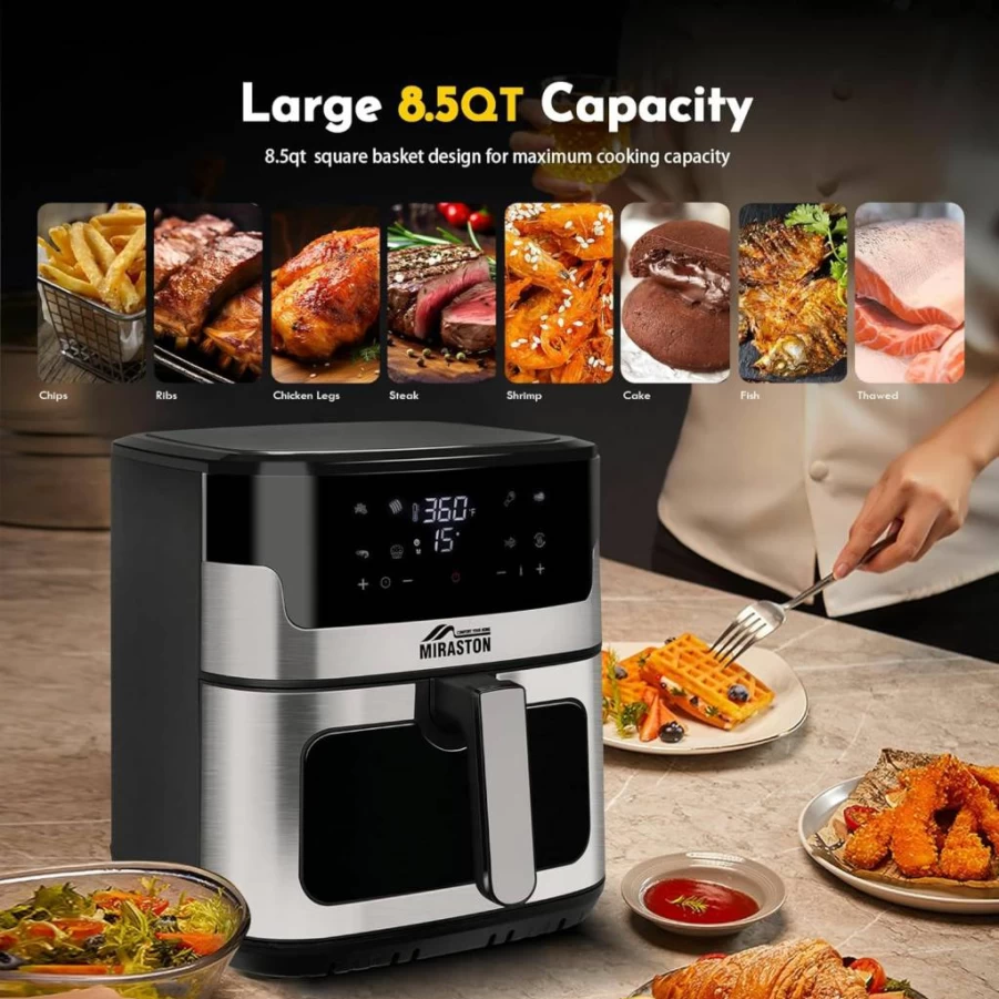 MIRASTON 8.5Qt Family Size Digital Air Fryer with Smart Touchscreen, 8 Presets for Air Frying, Reheating, Fast Cooking, Nonstick Square Basket, Dishwasher-Safe & Party Food Ready