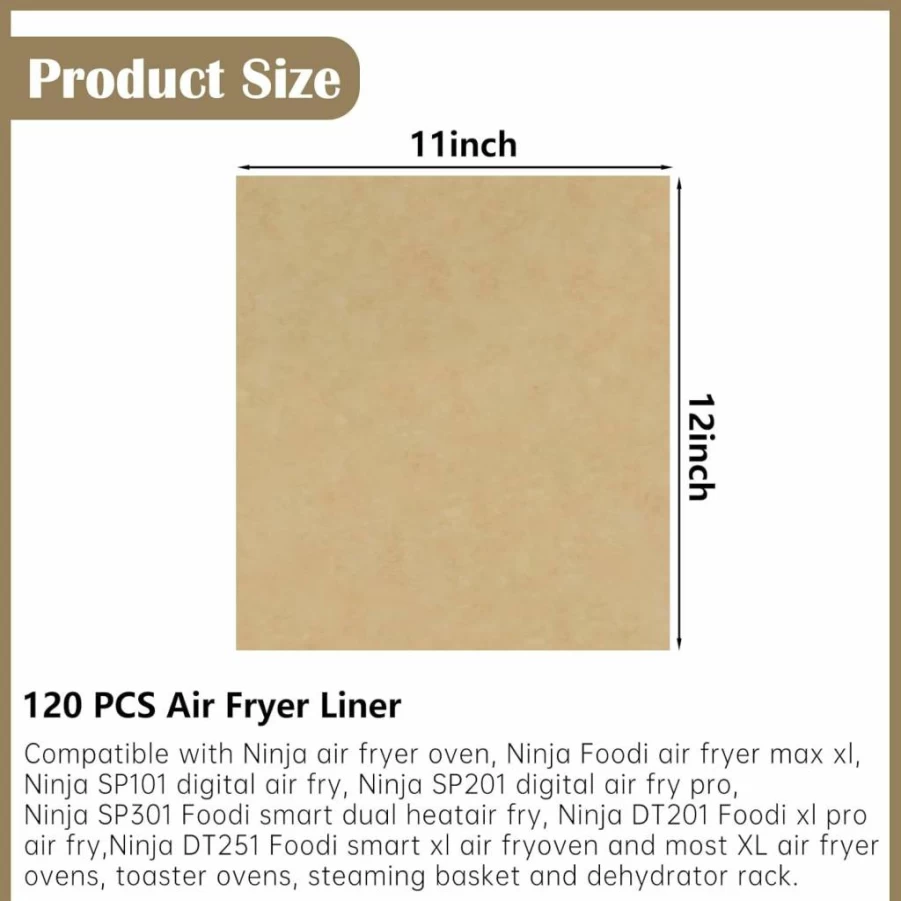 12 Inch Pre-Cut Unbleached Parchment Paper Squares - 120 Sheets, Non-Stick & Disposable, Compatible with Ninja Foodi SP101/SP201/SP301/SP351 & Toaster Ovens, ZYP Brand Air Fryer Baking Liners