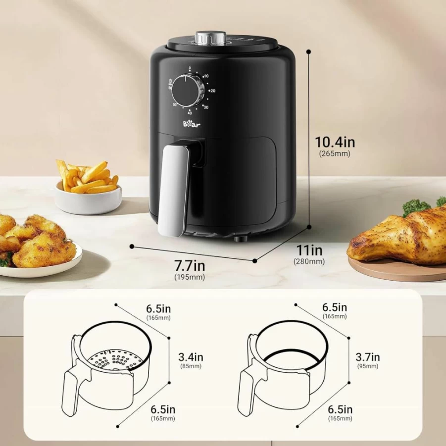 Bear Mini Air Fryer 2.1 Quart - Compact, Nonstick Basket, Adjustable Time & Temperature Control, Perfect for 1-2 People, Healthy Meals & Snacks in Minutes, Space-Saving Design