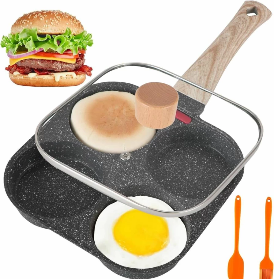 AHFLRITO 4-Cup Nonstick Egg Pan with Lid - Aluminum Omelette Skillet for Pancakes, Crepes & Sandwiches - Induction & Gas Stove Compatible Healthy Cookware