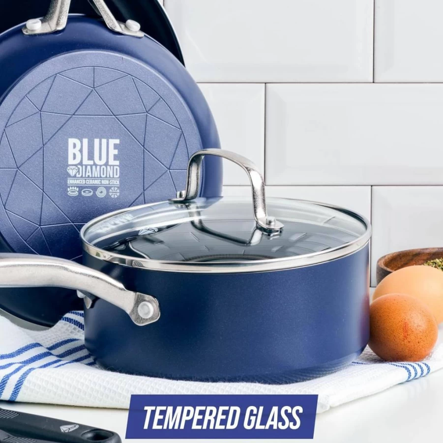 Blue Diamond 8.5-Inch Tempered Glass Lid - Universal Fit for Frying Pans, Skillets, Saucepans & Stockpots - Oven & Dishwasher Safe Up to 350°F - Clear Glass with Stainless Steel Handle
