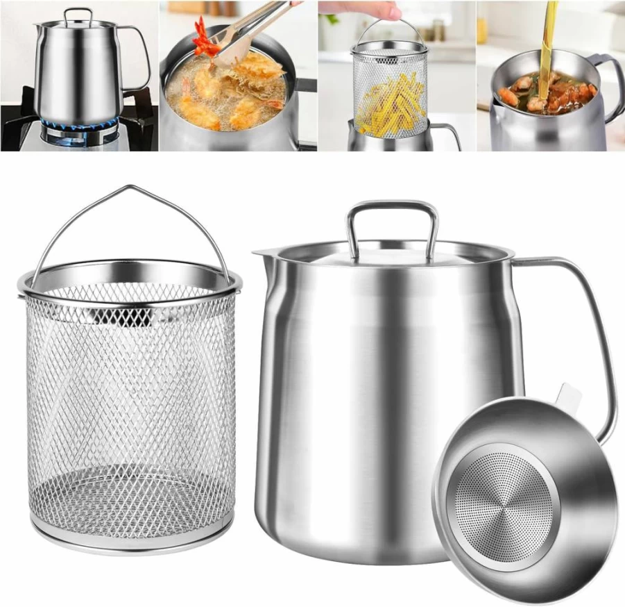 TCVNMR 2L Stainless Steel Oil Filter Pot with Strainer & Frying Basket - 68Oz Bacon Grease Container for Kitchen, Camping, Multifunctional Cooking Oil Strainer