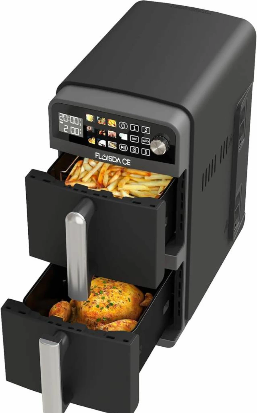 Floisdace 10-Quart XL Dual Basket Air Fryer with 10-in-1 Technology, Smart Finish & Match Cook, Bake Broil Roast, Dishwasher Safe Nonstick Baskets, Black Large Capacity Air Fryer for Family Cooking
