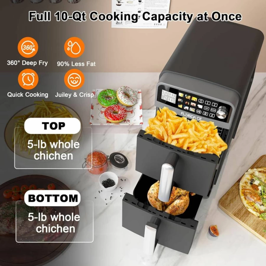 Floisdace 10-Quart XL Dual Basket Air Fryer with 10-in-1 Technology, Smart Finish & Match Cook, Bake Broil Roast, Dishwasher Safe Nonstick Baskets, Black Large Capacity Air Fryer for Family Cooking