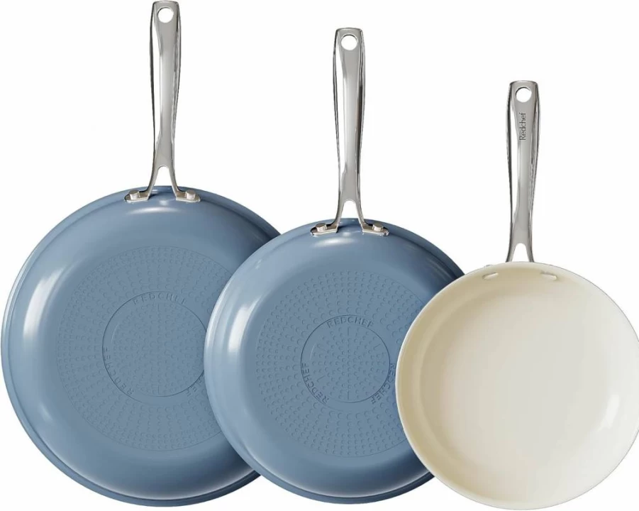 Redchef Ceramic Nonstick Frying Pan Set - 8", 9.5", 11" PFAS PTFE PFOA Free Skillets, Dishwasher & Oven Safe, Stay-Cool Handle, White/Beige Cookware