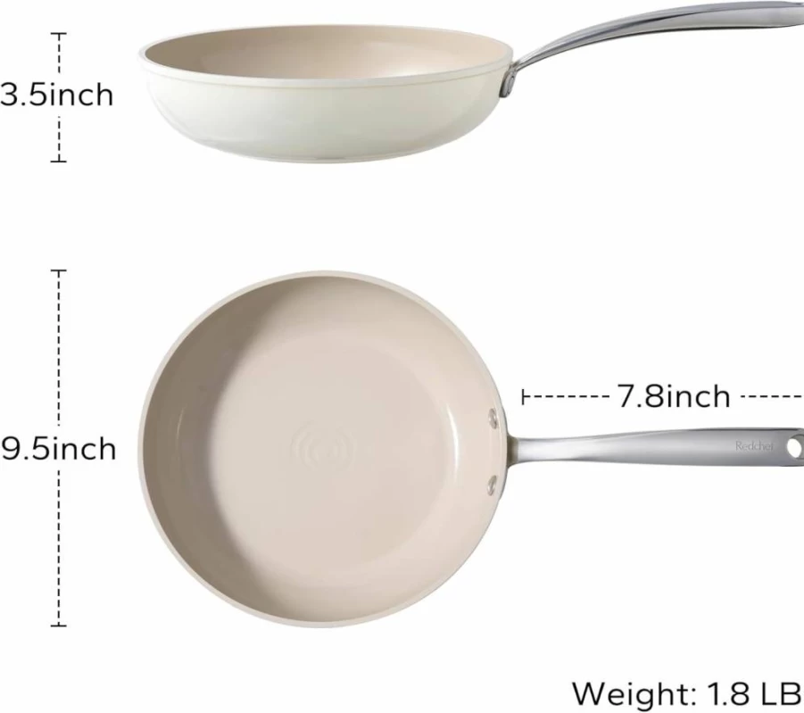 Redchef 4-Piece Nonstick Ceramic Cookware Set, 8" 9.5" 11" Skillet & Saute Pan, PFOA PTFE PFAS Free, Oven & Dishwasher Safe, Beige White Non-Toxic Frying Pans