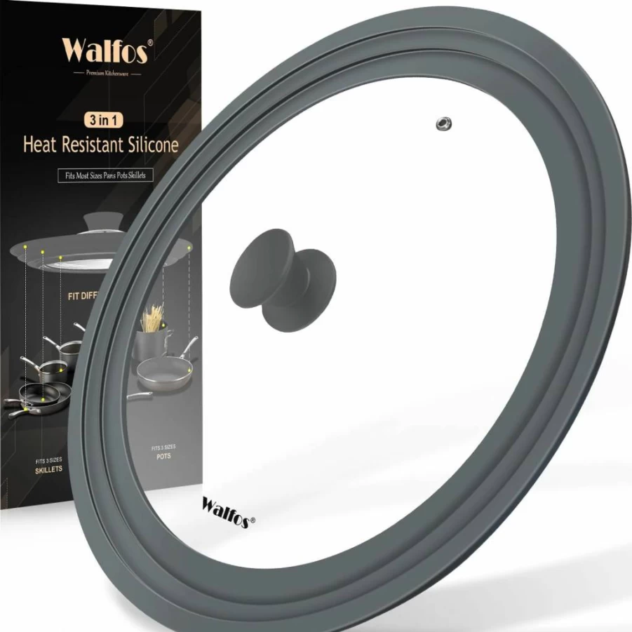 Walfos 8"-12" Universal Tempered Glass Pot Lid with Heat-Resistant Silicone Rim - BPA-Free, Dishwasher-Safe Cookware Cover for Pans & Skillets (Grey)