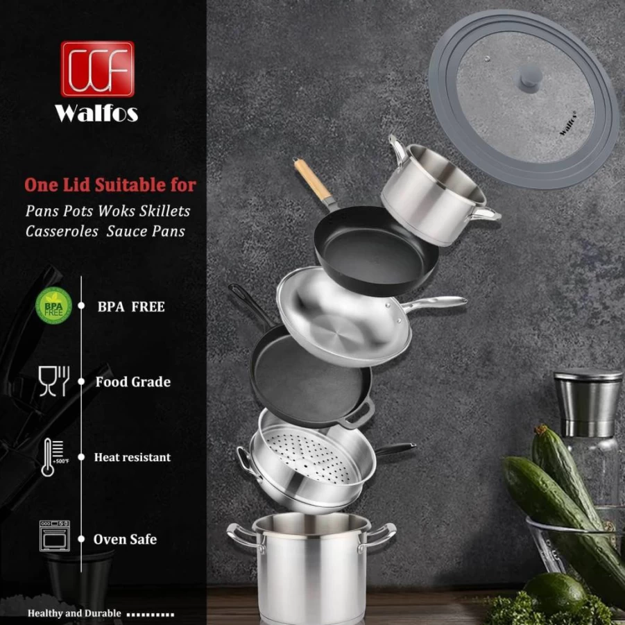 Walfos 8"-12" Universal Tempered Glass Pot Lid with Heat-Resistant Silicone Rim - BPA-Free, Dishwasher-Safe Cookware Cover for Pans & Skillets (Grey)