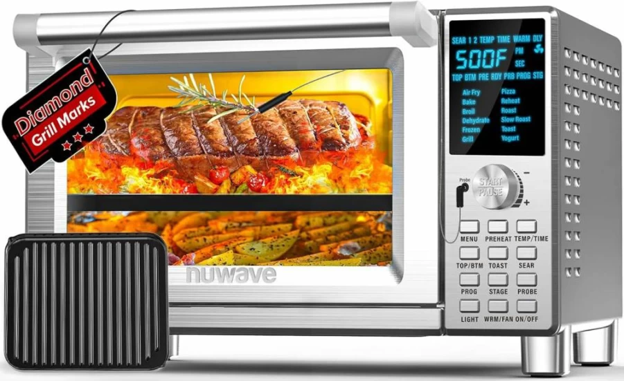 Nuwave Bravo XL 30Qt Air Fryer Toaster Oven Combo - 112-in-1 Smart Convection Countertop Oven with Adjustable Heating Zones, Grill, Bake, Roast & Pizza Functions, 50-500°F, Stainless Steel