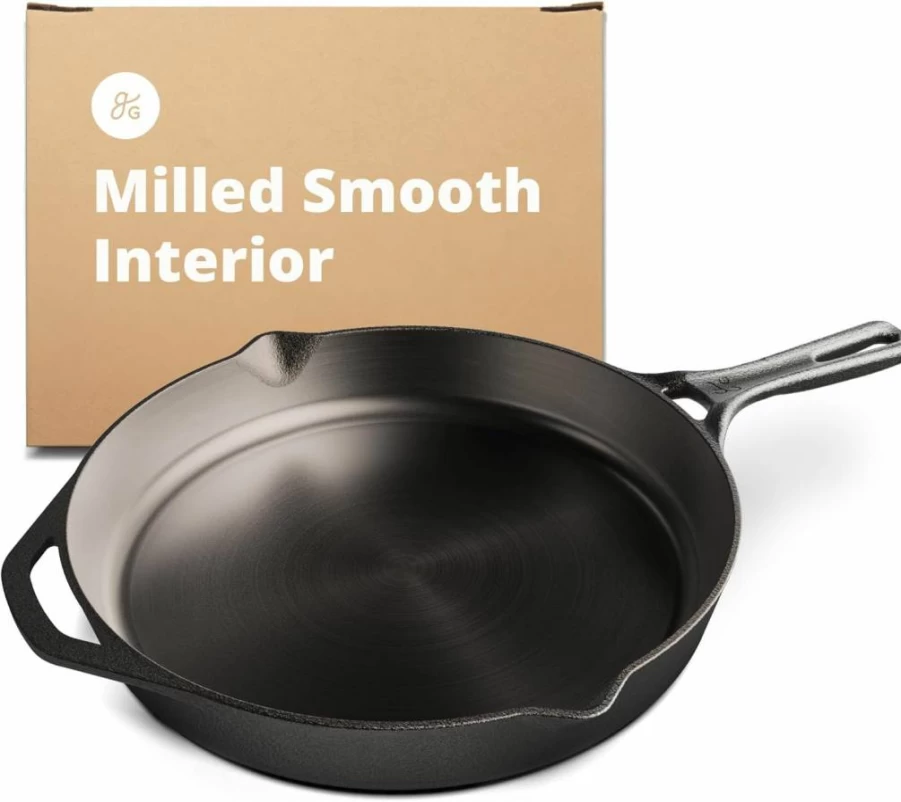 Greater Goods 12-Inch Pre-Seasoned Cast Iron Skillet – Smooth Milled Surface, Professional Cooking, Designed in St. Louis