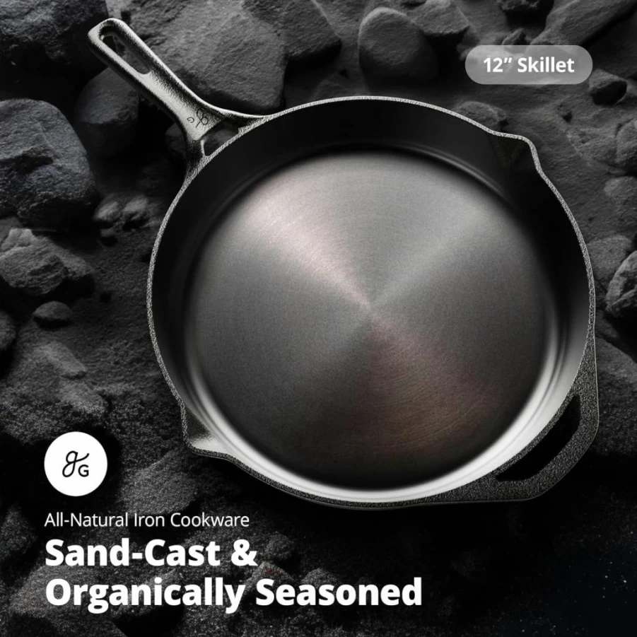 Greater Goods 12-Inch Pre-Seasoned Cast Iron Skillet – Smooth Milled Surface, Professional Cooking, Designed in St. Louis