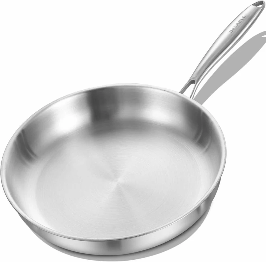 DELARLO 12 Inch Tri-Ply Stainless Steel Frying Pan with Lid - Heavy Duty 18/10 Skillet Compatible with All Cooktops, 600°F Heat Resistant, Large Cooking Surface