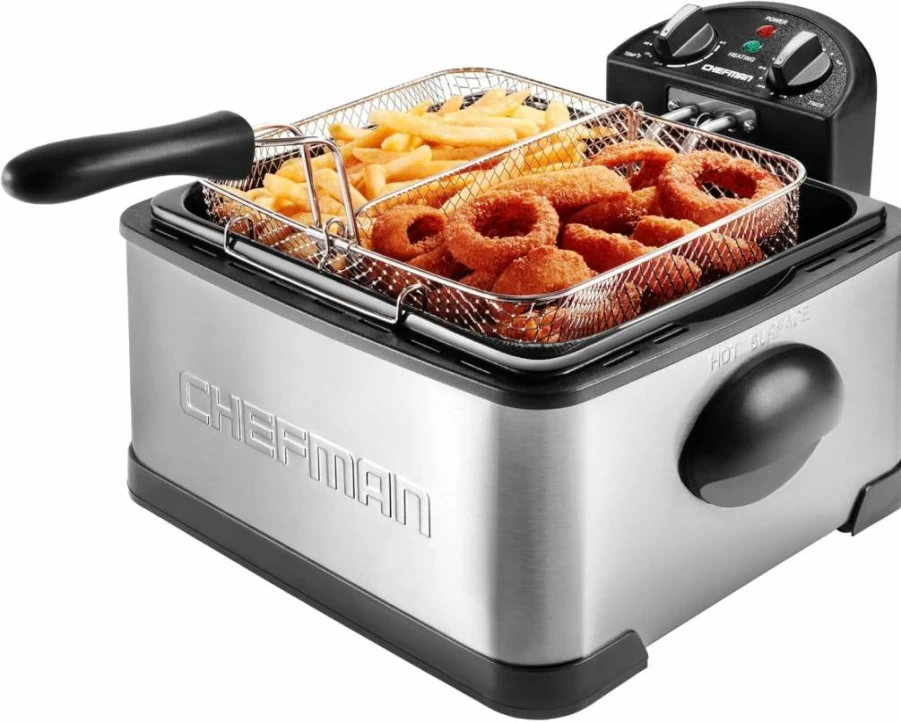 Chefman 4.5L XL Jumbo Deep Fryer with Basket Strainer, Adjustable Temp & Timer, Stainless Steel, Ideal for Chicken, Fries, Shrimp, Removable Oil Container