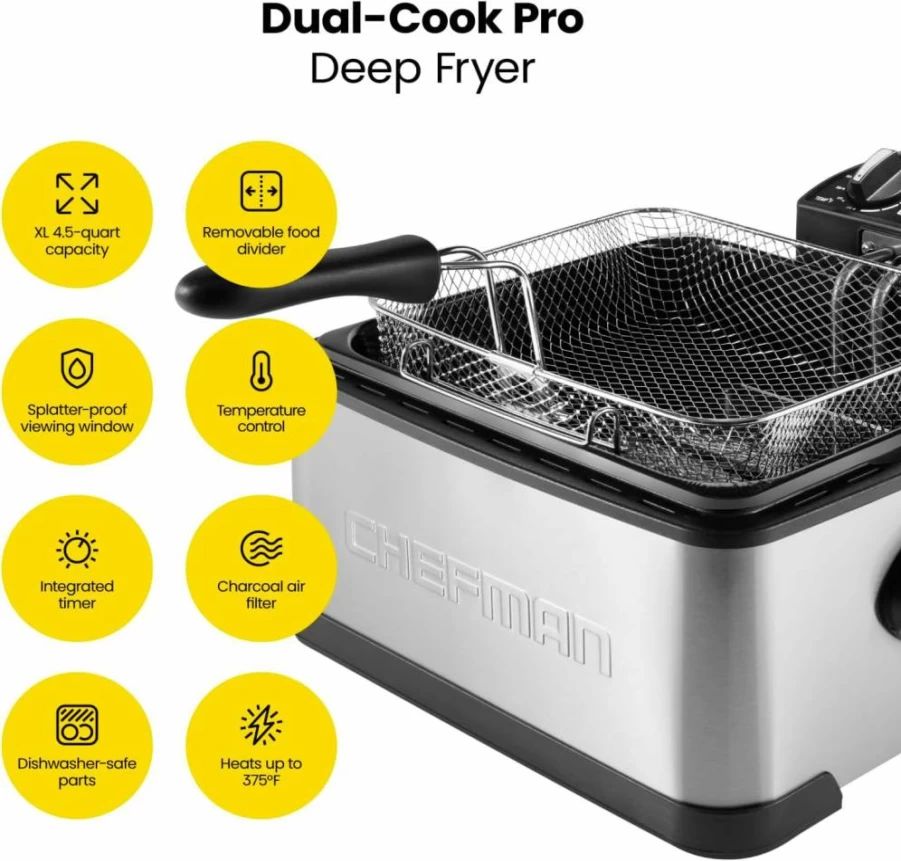 Chefman 4.5L XL Jumbo Deep Fryer with Basket Strainer, Adjustable Temp & Timer, Stainless Steel, Ideal for Chicken, Fries, Shrimp, Removable Oil Container