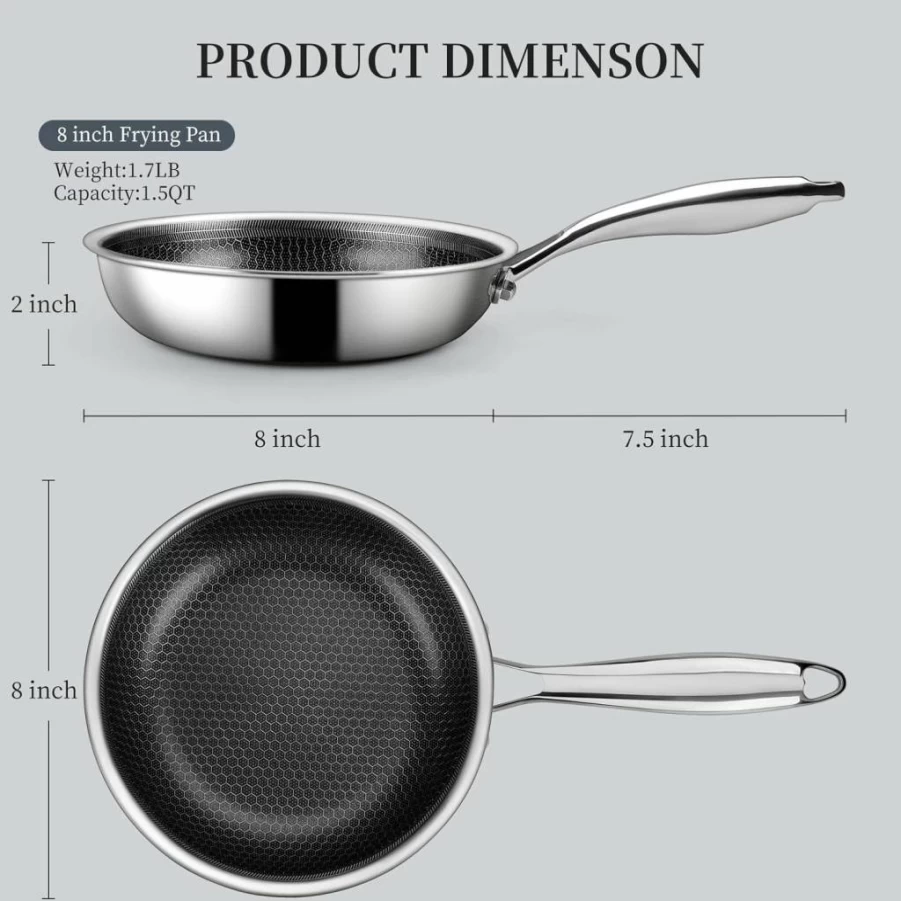 Innerwell 8 Inch Stainless Steel Nonstick Frying Pan - Honeycomb Coating Skillet for Eggs, Omelettes & Healthy Cooking - Induction Compatible, PFOA-Free, Dishwasher Safe