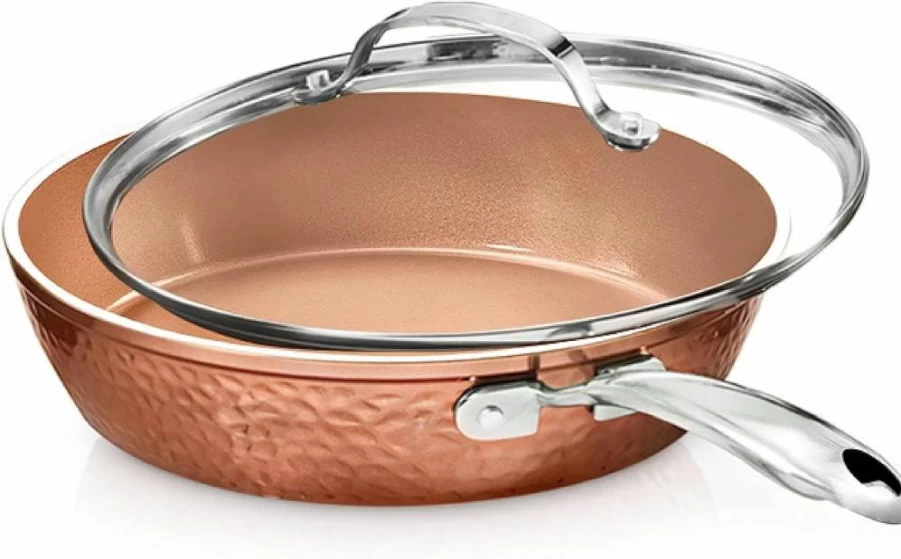 GOTHAM STEEL 10-Inch Hammered Copper Nonstick Frying Pan with Lid - Ceramic Coating, Oven & Dishwasher Safe Skillet