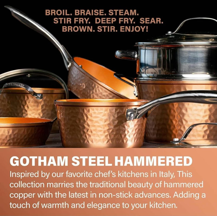 GOTHAM STEEL 10-Inch Hammered Copper Nonstick Frying Pan with Lid - Ceramic Coating, Oven & Dishwasher Safe Skillet