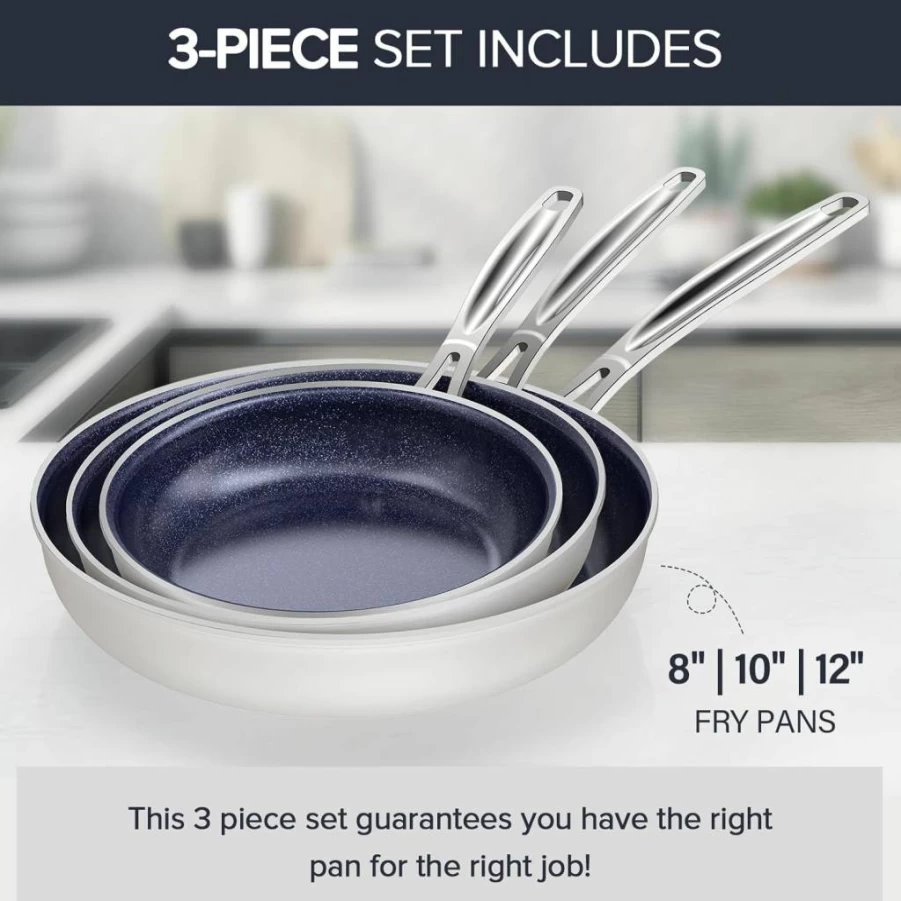 Nuwave 3-Piece Forged Lightweight Non-Stick Frying Pan Set (8", 10", 12") - Blue Ceramic Coating, Induction-Ready, Stay-Cool Handles, Works on All Cooktops