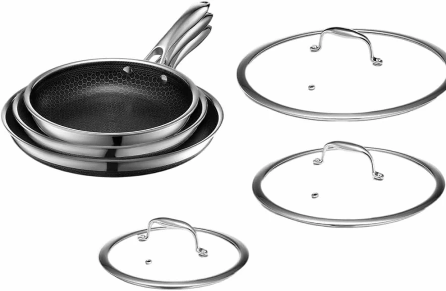 HexClad Hybrid Nonstick 6-Piece Fry Pan Set (8, 10, 12-Inch) with Tempered Glass Lids, Stay-Cool Handles, Dishwasher & Induction Compatible for All Cooktops