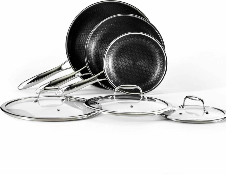 HexClad Hybrid Nonstick 6-Piece Fry Pan Set (8, 10, 12-Inch) with Tempered Glass Lids, Stay-Cool Handles, Dishwasher & Induction Compatible for All Cooktops