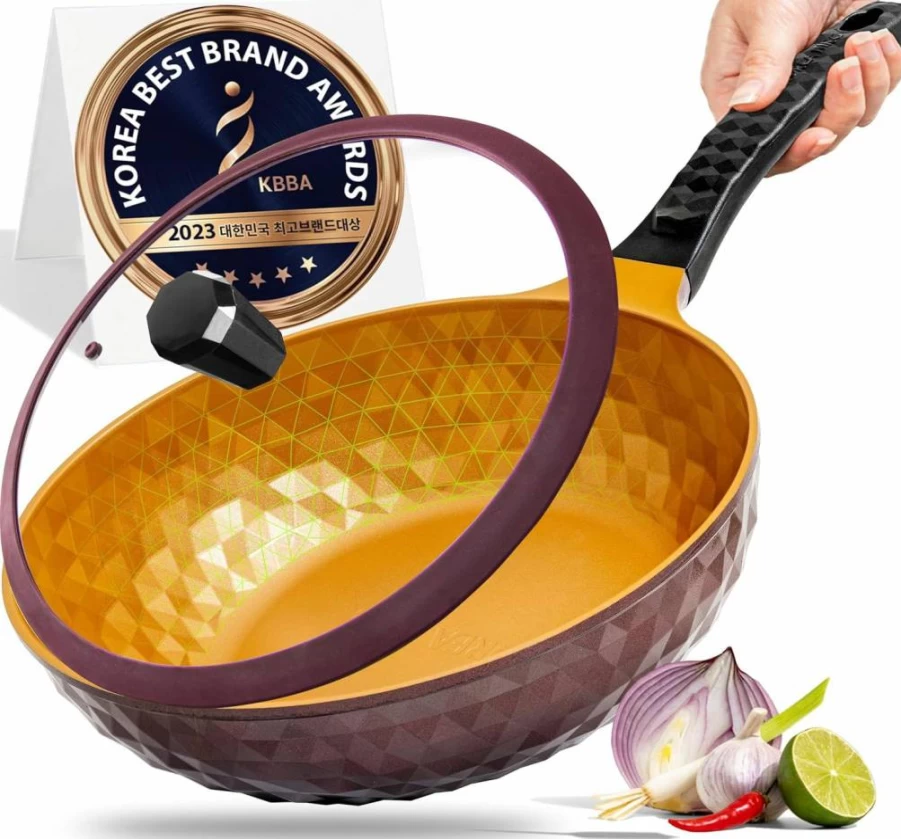 KOREA KING Premium 11" Nonstick Wok Pan - Titanium-Coated 8-Layer Korean Skillet for Stir-Fry, Frying & Oil-Free Cooking - PFOA-Free Flat Bottom Chinese Wok
