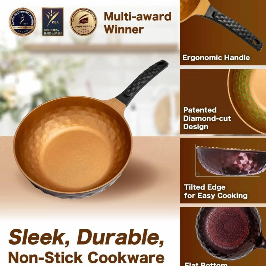 KOREA KING Premium 11" Nonstick Wok Pan - Titanium-Coated 8-Layer Korean Skillet for Stir-Fry, Frying & Oil-Free Cooking - PFOA-Free Flat Bottom Chinese Wok