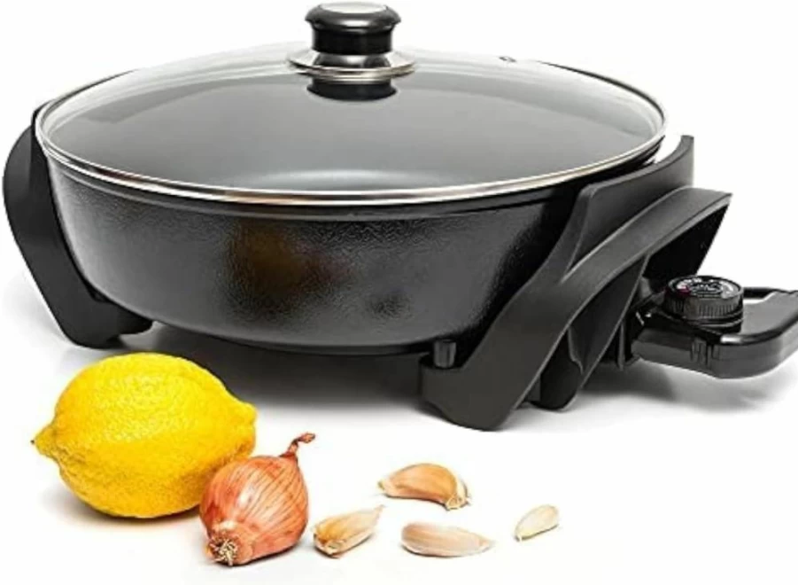 Moss & Stone 12-Inch Round Nonstick Electric Skillet with Vented Glass Lid, 5Qt Aluminum Electric Frying Pan, Adjustable Temperature Control & Heat-Resistant Handle