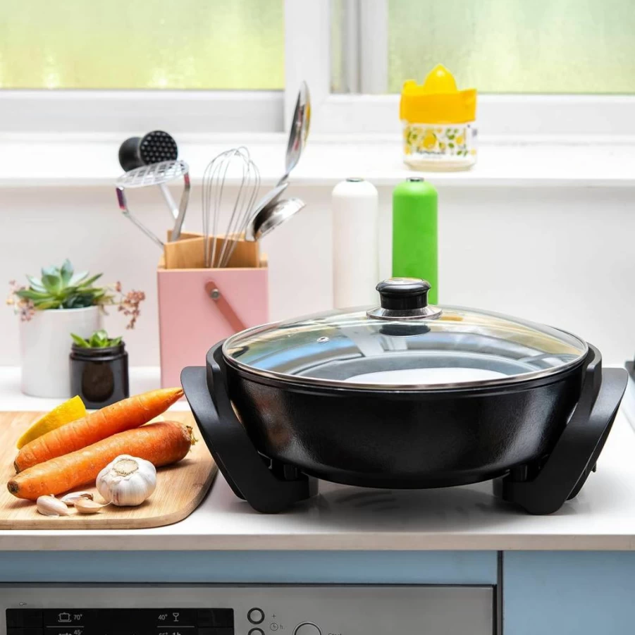 Moss & Stone 12-Inch Round Nonstick Electric Skillet with Vented Glass Lid, 5Qt Aluminum Electric Frying Pan, Adjustable Temperature Control & Heat-Resistant Handle