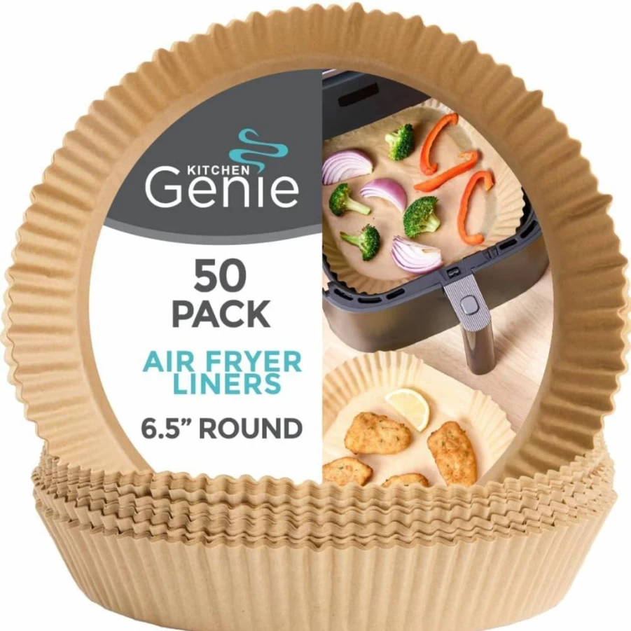 Kitchen Genie 100-Pack 8-Inch Round Air Fryer Liners, BPA-Free & Bleach-Free Non-Stick Parchment Paper Sheets for 5-8 QT Baskets, Microwave & Toaster Oven Safe, Disposable Cooking Liners for Easy Cleanup