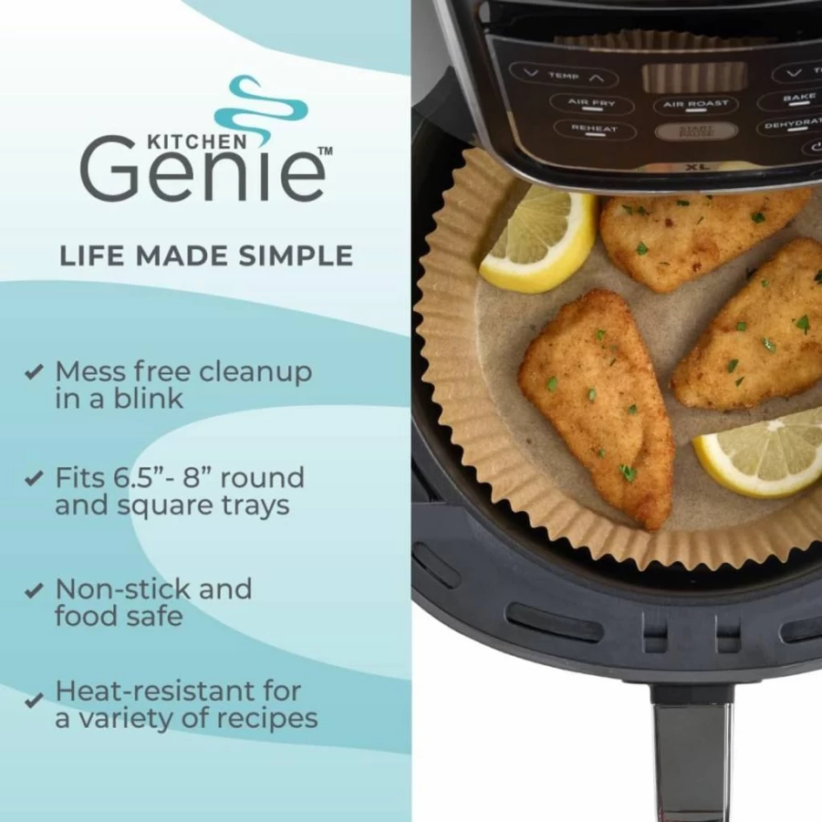Kitchen Genie 100-Pack 8-Inch Round Air Fryer Liners, BPA-Free & Bleach-Free Non-Stick Parchment Paper Sheets for 5-8 QT Baskets, Microwave & Toaster Oven Safe, Disposable Cooking Liners for Easy Cleanup