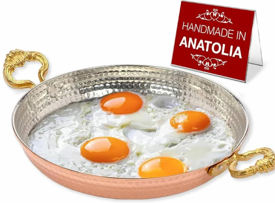 Hakan 5.5" Hammered Copper Egg Pan - Handmade Small Frying Skillet with Double Handles, Authentic Copper Cookware & Kitchen Gift Idea (14cm)