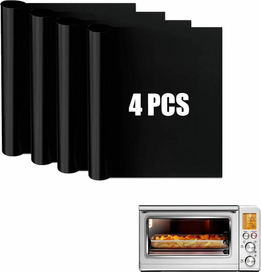 SIUDANGKA 4-Pack Reusable Oven Liners for Breville Smart Oven Air Fryer Pro BOV900BSS, Non-Stick Teflon Baking Mats, Square Air Fryer Accessories, Dishwasher Safe Oven Bottom Protector Sheets