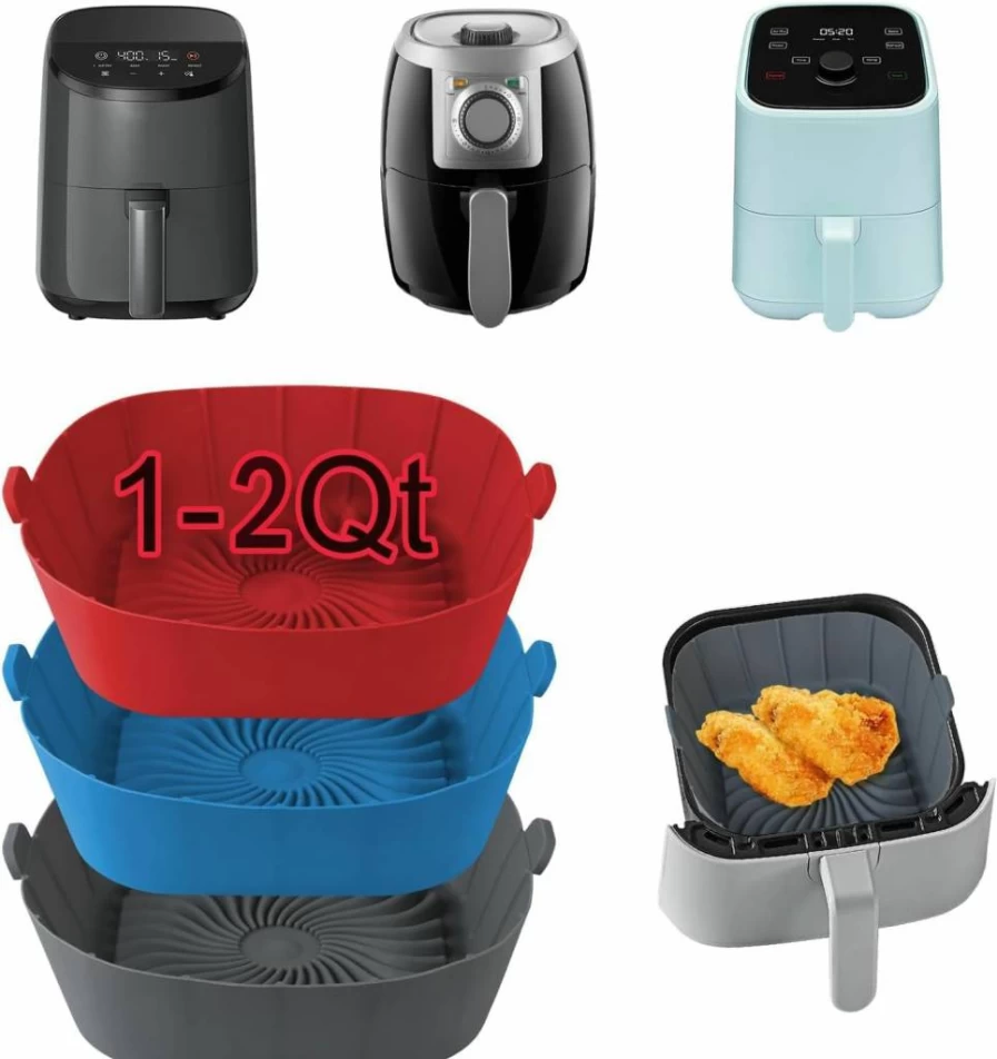 SIUDANGKA 3 Pack Square Silicone Air Fryer Liners, Non-Stick Reusable Basket Bowl Tray for 1-2 Qt Cosori Ninja Chefman, Small Airfryer Accessories