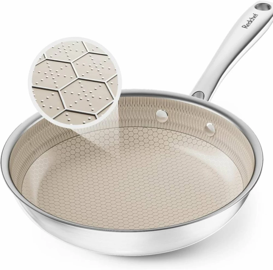 Redchef 10 Inch Non-Toxic Ceramic Non-Stick Frying Pan, Tri-Ply Stainless Steel Skillet, PTFE & PFOA Free, Oven & Dishwasher Safe, Induction Compatible Cookware