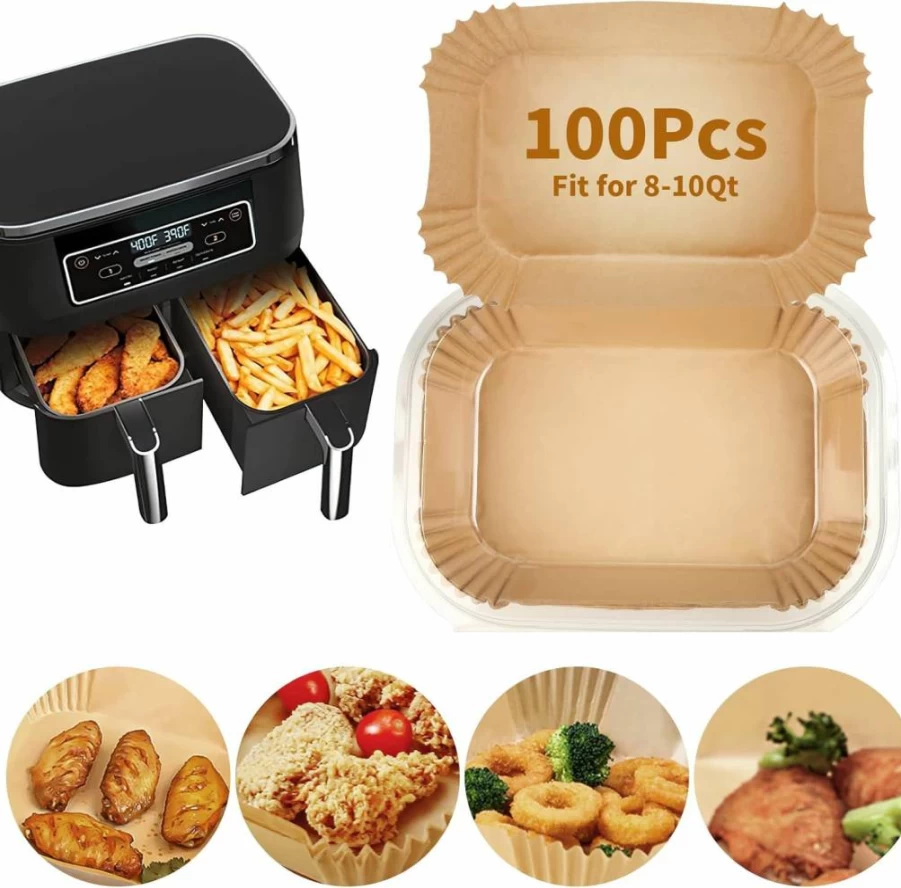 MMH 100Pcs Disposable Air Fryer Paper Liners, 8.6"x5.5" Rectangle Parchment Baking Sheets for Ninja Foodi Dual/DZ201/DZ401/SL451, Non-Stick Air Fryer Accessories